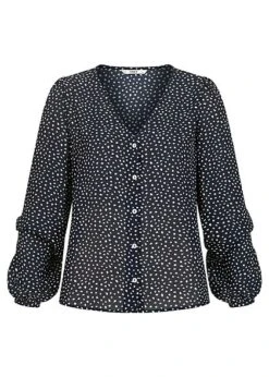 ONLY Damen NOOS V-Neck Langarm Bluse Mit Knopfleiste Punkte Muster Night Sky Blau