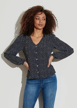 ONLY Damen NOOS V-Neck Langarm Bluse Mit Knopfleiste Punkte Muster Night Sky Blau -Luftig Und Leicht 22010534 2