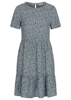 VILA Damen NOOS Viskose Midi Volantkleid AOP Blüten Print Schwarz Blau Gelb