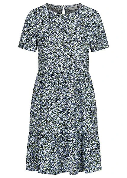 VILA Damen NOOS Viskose Midi Volantkleid AOP Blüten Print Schwarz Blau Gelb 3 VILA Damen NOOS Viskose Midi Volantkleid AOP Blüten Print Schwarz Blau Gelb