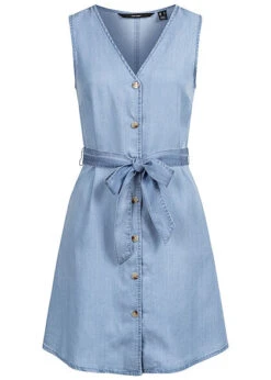 Vero Moda Damen NOOS V-Neck Kleid Ärmellos Mit Bindedetail Knopfleiste Hell Blau Denim