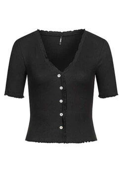 ONLY Damen Bluse Top Mit Knopfleiste Und Frilldetails Schwarz