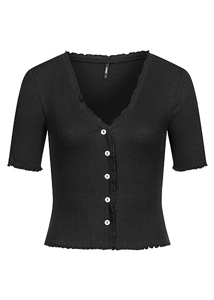 ONLY Damen Bluse Top Mit Knopfleiste Und Frilldetails Schwarz 3 ONLY Damen Bluse Top Mit Knopfleiste Und Frilldetails Schwarz