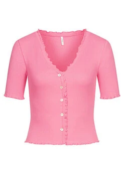 ONLY Damen Bluse Top Mit Knopfleiste Und Frilldetails Rosa