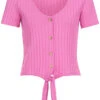 ONLY Damen Bluse Top Mit Knopfleiste Und Knotendetail V-Neck Pink 2 ONLY Damen Bluse Top Mit Knopfleiste Und Knotendetail V-Neck Pink -Luftig Und Leicht 22030243