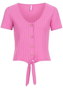 ONLY Damen Bluse Top Mit Knopfleiste Und Knotendetail V-Neck Pink