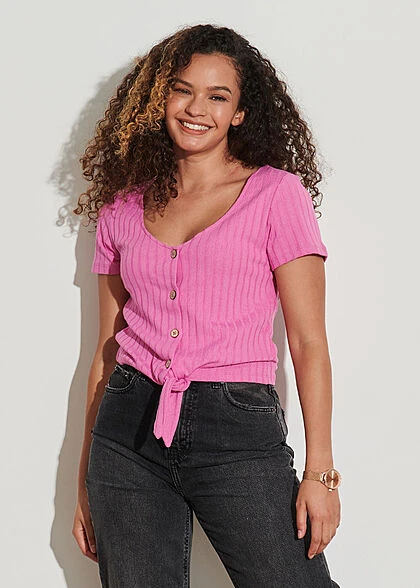 ONLY Damen Bluse Top Mit Knopfleiste Und Knotendetail V-Neck Pink 5 ONLY Damen Bluse Top Mit Knopfleiste Und Knotendetail V-Neck Pink – Bild 3