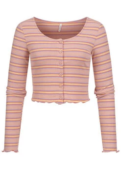 ONLY Damen Top Mit Knopfleiste Und Frilldetails Gestreift Rosa
