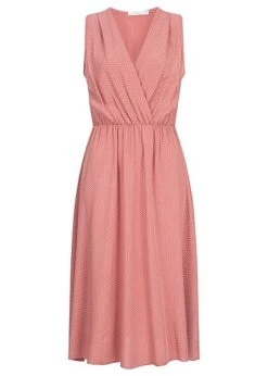 Hotel De Ville Damen Midi Viskose V-Neck Kleid Punkte Muster Dunkel Rose Rot Weiss