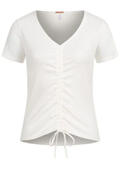 AIKI Damen Ribbed V-Neck T-Shirt Mit Raffdetail Vorne Off Weiss