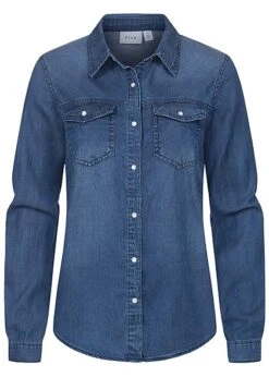 VILA Damen NOOS Basic Denim Shirt Vokuhila 2 Brusttaschen Dunkel Blau Denim