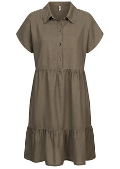 JACQUELINE DE YONG JDY By ONLY Damen Leinen Blusen Kleid Mit Knopfleiste Stufenoptik Kalamata Oliv