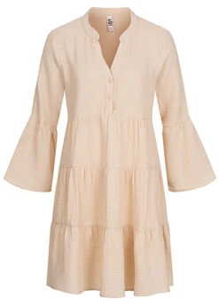 JACQUELINE DE YONG JDY By ONLY Damen 7/8 Arm V-Neck Struktur Kleid Tunika Weiter Schnitt Tapioca Beige