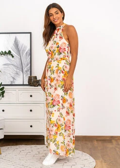 VILA Damen Ankle Neckholder Longform Kleid Blumen Muster Bindegürtel Golden Haze Gelb