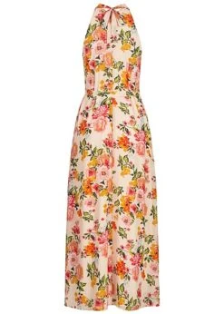 VILA Damen Ankle Neckholder Longform Kleid Blumen Muster Bindegürtel Golden Haze Gelb -Luftig Und Leicht 22040149 2