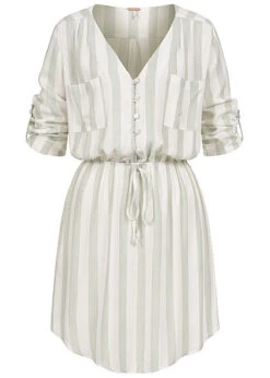 Aiki Damen Turn-Up V-Neck Kleid Leinenoptik Streifen Taillenzug Oliv Weiss