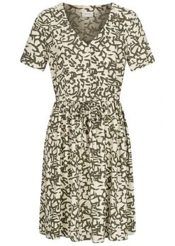 VILA Damen Viskose Kleid Mit V-Neck Und Bindedetail All Over Print Beige Grün