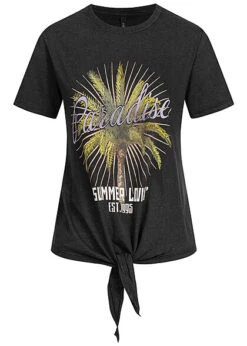 ONLY Damen T-Shirt Mit Paradise Print Und Knotendetail Schwarz