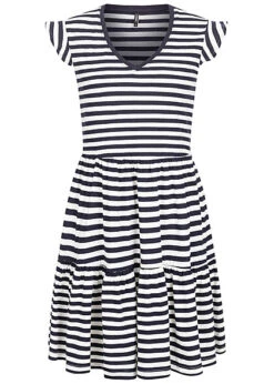 ONLY Damen Sommer Kleid Mit Cap-Sleeves & Streifen Muster V-Neck Night Sky Navy Weiss