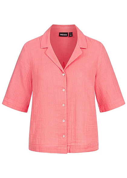 Pieces Damen Lockere 2/4 Arm V-Neck Strukturbluse Mit Knopfleiste Strawberry Pink 3 Pieces Damen Lockere 2/4 Arm V-Neck Strukturbluse Mit Knopfleiste Strawberry Pink