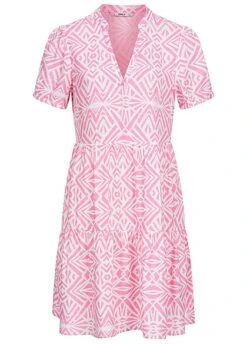 ONLY Damen V-Neck Viskose Kurzarm Kleid Mit Geo Print Sachet Pink Weiss