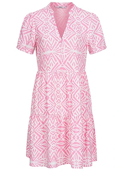 ONLY Damen V-Neck Viskose Kurzarm Kleid Mit Geo Print Sachet Pink Weiss 3 ONLY Damen V-Neck Viskose Kurzarm Kleid Mit Geo Print Sachet Pink Weiss
