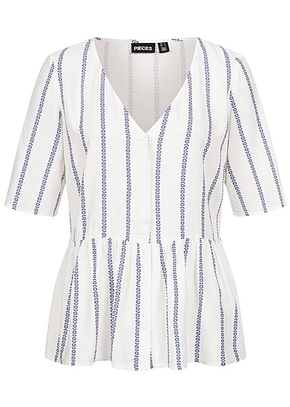 PIECES Damen 1/2 Arm V-Neck Viskose Bluse Tunika Mit Knopfleiste Cloud Weiss Blau 3 PIECES Damen 1/2 Arm V-Neck Viskose Bluse Tunika Mit Knopfleiste Cloud Weiss Blau
