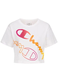 Champion Damen Crop Top T-Shirt Mit Logo Print Weiss Multicolor