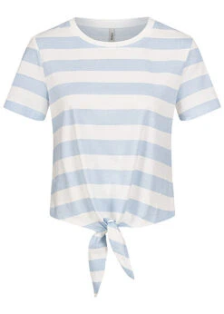 ONLY Damen T-Shirt Mit Knotendetail Und Streifen Hell Blau Weiss