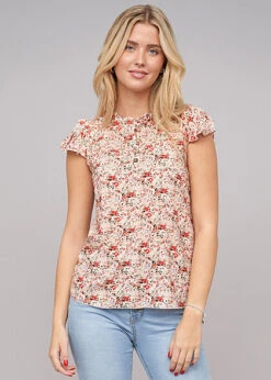 Cloud5ive Damen Bluse Mit 4er Knopfleiste Und Blumen Print Beige
