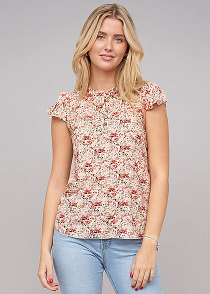 Cloud5ive Damen Bluse Mit 4er Knopfleiste Und Blumen Print Beige 3 Cloud5ive Damen Bluse Mit 4er Knopfleiste Und Blumen Print Beige