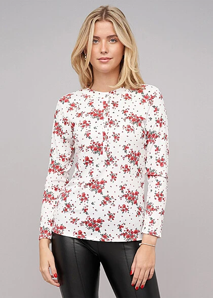 Cloud5ive Damen Bluse Mit Knopfleiste Und Blumen Print Weiss 3 Cloud5ive Damen Bluse Mit Knopfleiste Und Blumen Print Weiss