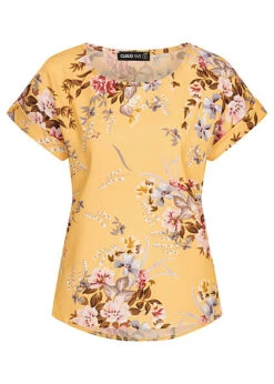 Cloud5ive Damen Chiffon Bluse Shirt Mit Rundhals Und Blumen Print Gelb