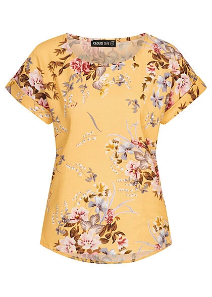 Cloud5ive Damen Chiffon Bluse Shirt Mit Rundhals Und Blumen Print Gelb 3 Cloud5ive Damen Chiffon Bluse Shirt Mit Rundhals Und Blumen Print Gelb