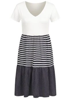 Cloud5ive Damen V-Neck Kleid Mit Streifen Und Gepunktet Weiss Navy Blau