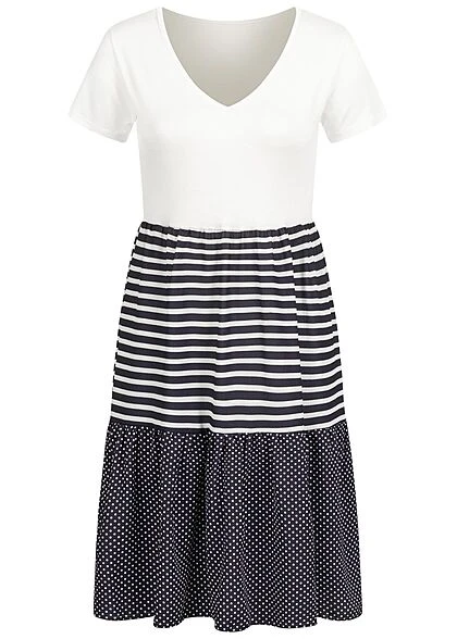 Cloud5ive Damen V-Neck Kleid Mit Streifen Und Gepunktet Weiss Navy Blau 3 Cloud5ive Damen V-Neck Kleid Mit Streifen Und Gepunktet Weiss Navy Blau