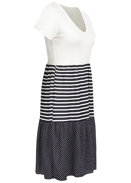 Cloud5ive Damen V-Neck Kleid Mit Streifen Und Gepunktet Weiss Navy Blau 4 Cloud5ive Damen V-Neck Kleid Mit Streifen Und Gepunktet Weiss Navy Blau – Bild 2