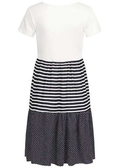 Cloud5ive Damen V-Neck Kleid Mit Streifen Und Gepunktet Weiss Navy Blau 5 Cloud5ive Damen V-Neck Kleid Mit Streifen Und Gepunktet Weiss Navy Blau – Bild 3