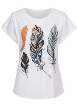 Cloud5ive Damen T-Shirt Mit 4 Federn Print Weiss
