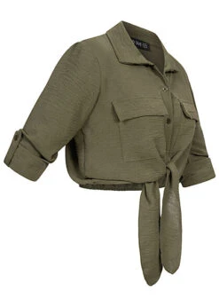 Cloud5ive Damen Turn-Up Bluse Mit 2 Brusttaschen Knopfleiste Und Knotendetail Oliv Grün -Luftig Und Leicht 22046441 2