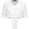 Cloud5ive Damen Turn-Up Bluse Mit 2 Brusttaschen Knopfleiste Und Knotendetail Weiss -Luftig Und Leicht 22046443