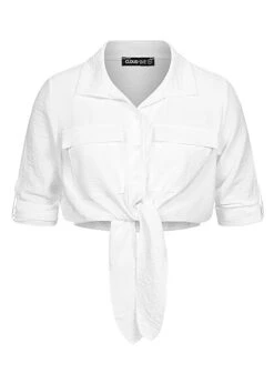 Cloud5ive Damen Turn-Up Bluse Mit 2 Brusttaschen Knopfleiste Und Knotendetail Weiss