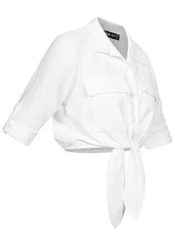 Cloud5ive Damen Turn-Up Bluse Mit 2 Brusttaschen Knopfleiste Und Knotendetail Weiss -Luftig Und Leicht 22046443 2