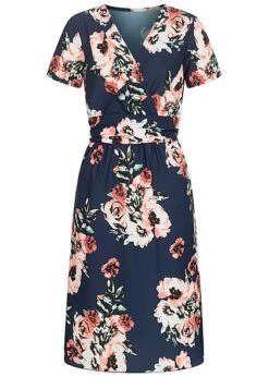 Cloud5ive Damen V-Neck Kleid In Wickeloptik Mit Bindedetail Blumen Print Navy Blau