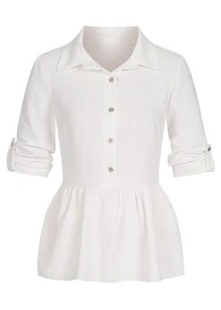 Cloud5ive Damen Turn-Up Schösschen Bluse Mit Knopfleiste Weiss