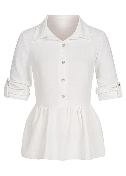 Cloud5ive Damen Turn-Up Schösschen Bluse Mit Knopfleiste Weiss 3 Cloud5ive Damen Turn-Up Schösschen Bluse Mit Knopfleiste Weiss