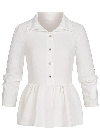 Cloud5ive Damen Turn-Up Schösschen Bluse Mit Knopfleiste Weiss 4 Cloud5ive Damen Turn-Up Schösschen Bluse Mit Knopfleiste Weiss – Bild 2