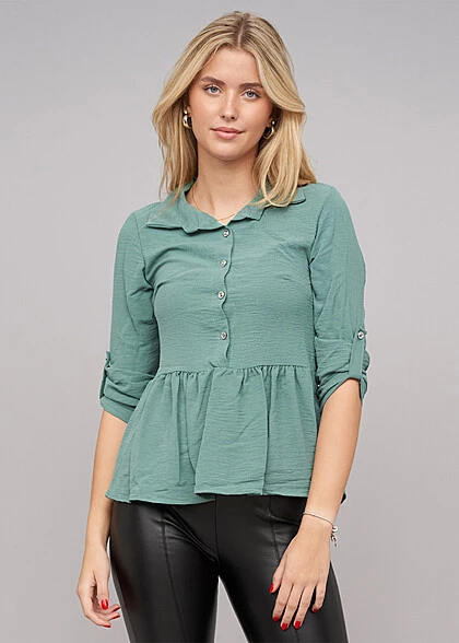 Cloud5ive Damen Turn-Up Schösschen Bluse Mit Knopfleiste Grün 3 Cloud5ive Damen Turn-Up Schösschen Bluse Mit Knopfleiste Grün
