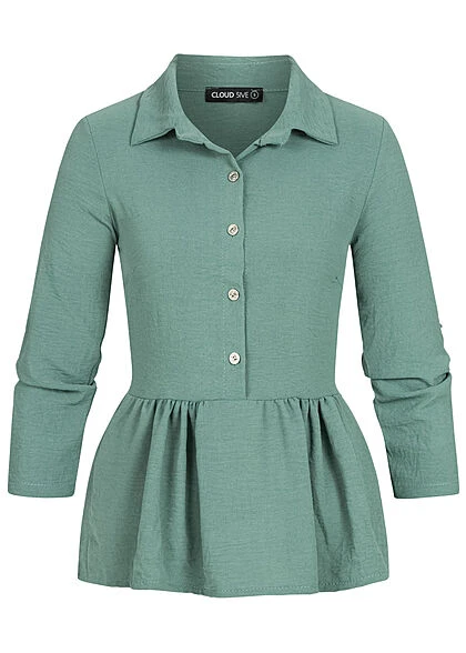 Cloud5ive Damen Turn-Up Schösschen Bluse Mit Knopfleiste Grün 4 Cloud5ive Damen Turn-Up Schösschen Bluse Mit Knopfleiste Grün – Bild 2