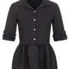 Cloud5ive Damen Turn-Up Schösschen Bluse Mit Knopfleiste Schwarz -Luftig Und Leicht 22046527